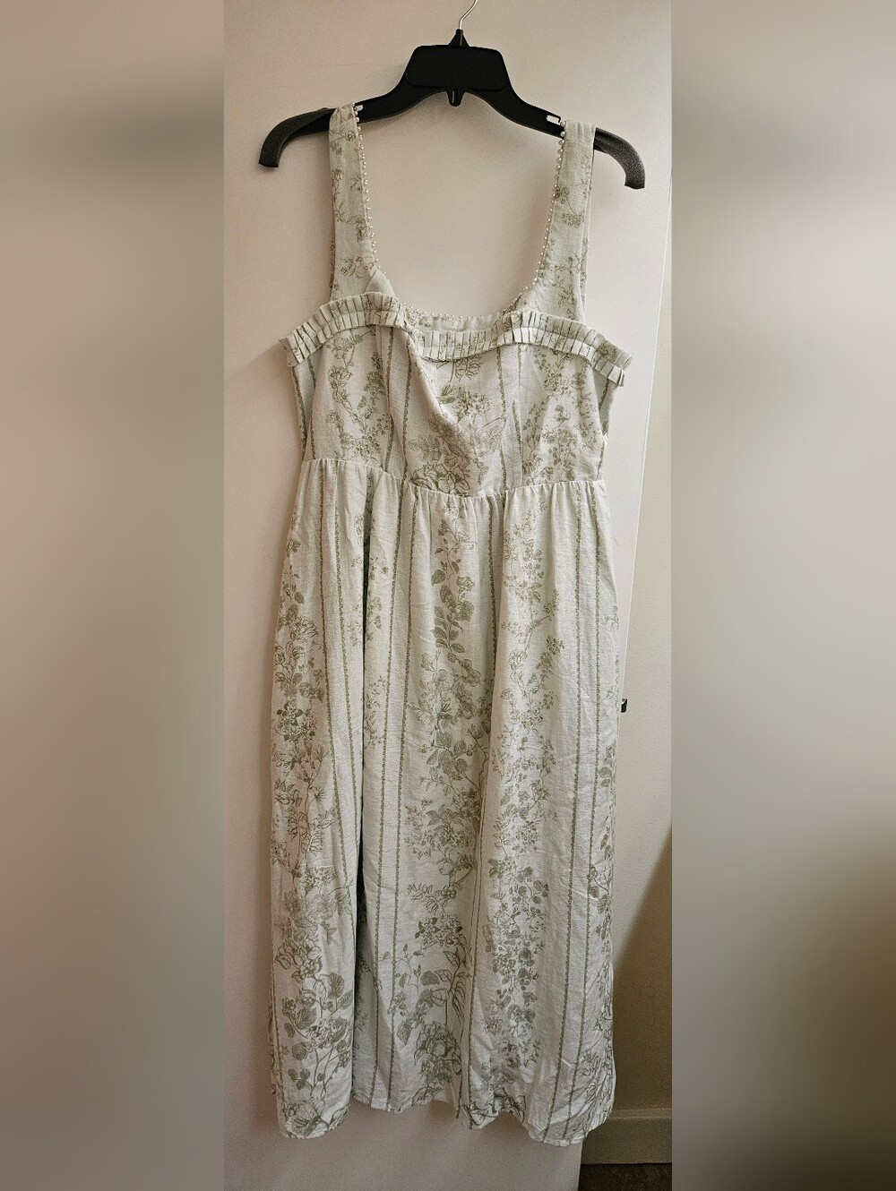NWT Caroline Constas Sz M Green Linen Blend Floral Midi Maxi Dress Cottagecore